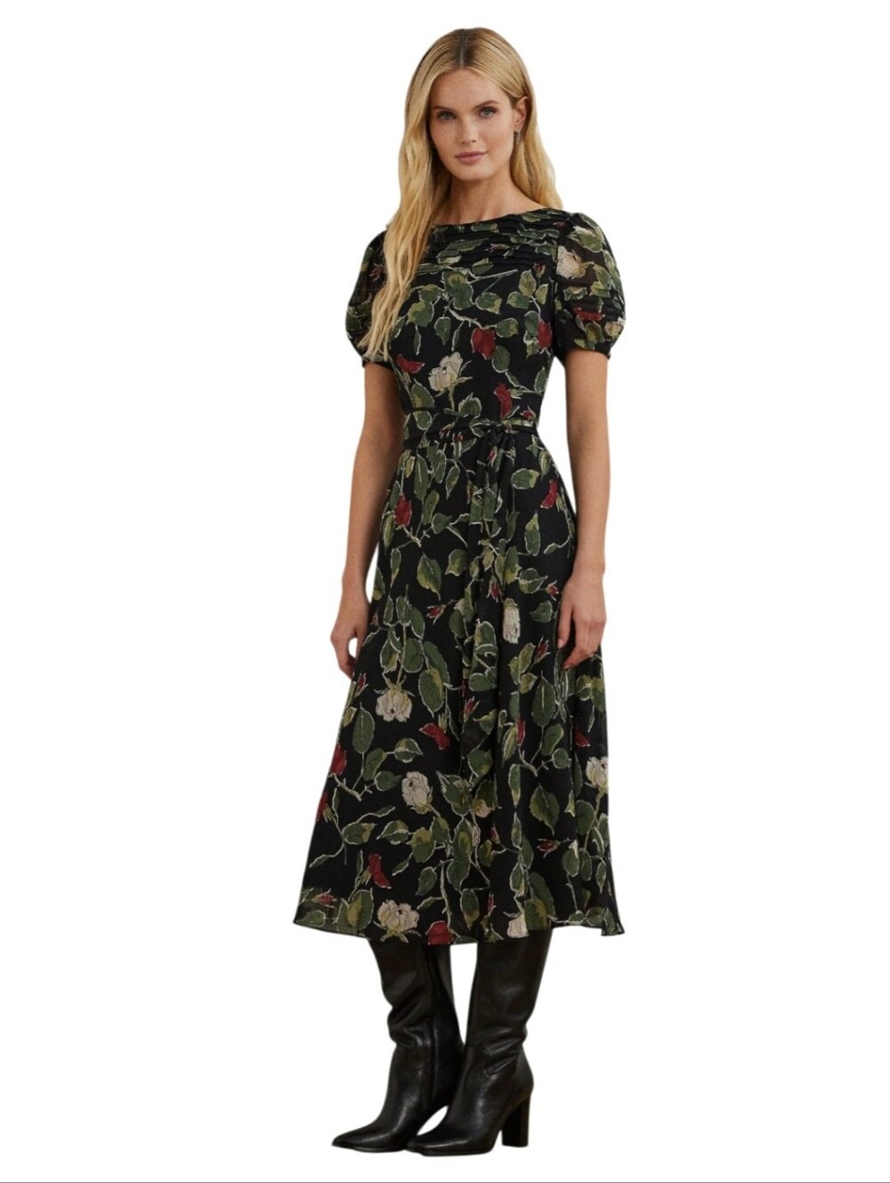 Ralph Lauren Dress, Leaf Floral, Georgette Chiffon, Dark Green, Multi-Color